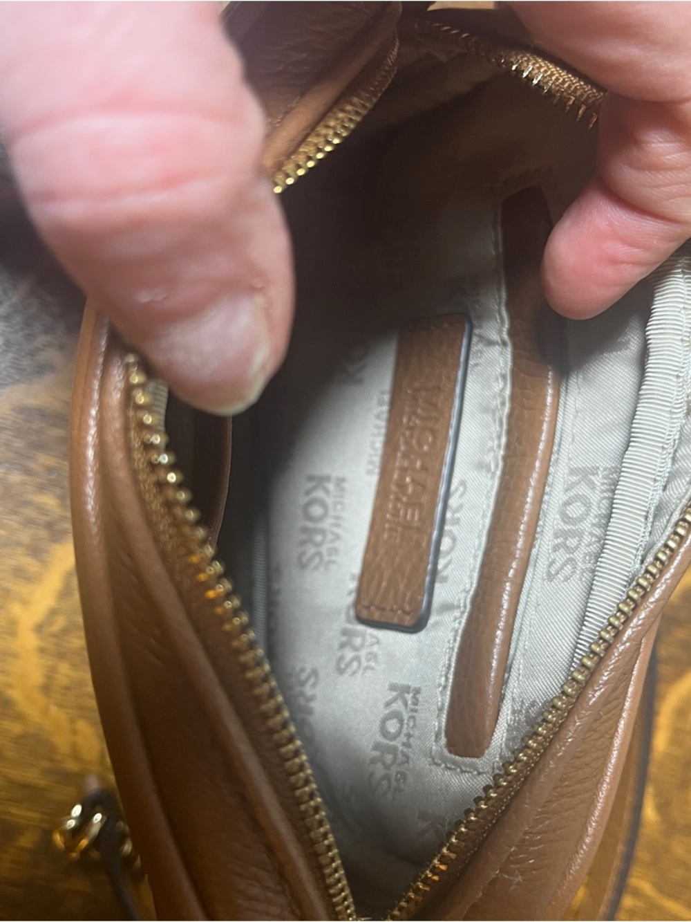 Michael Kors Brown Leather Crossbody with Gold MK Emblem - Picture 6 of 8
